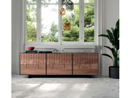Rain Wood sideboard with three doors covered in wood with a cascade of wooden strips by Ozzio