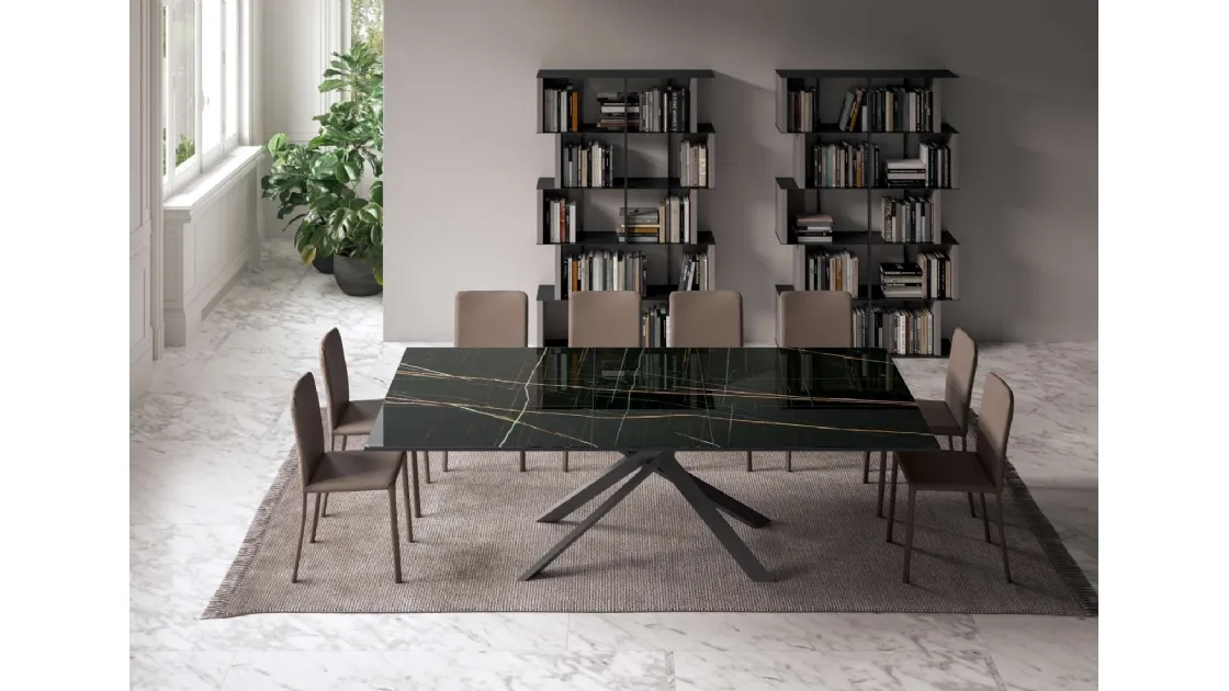 Extendable 4x4 table in Marble Glass by Ozzio.