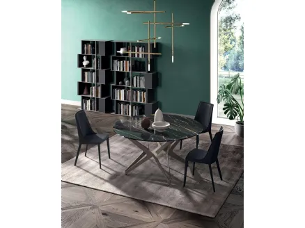 Big Round Fixed Table in Noir Desir Ceramic Crystal with metal base by Ozzio