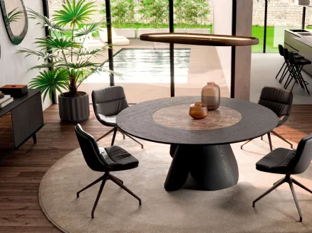Veliero wooden round table with ceramic Lazy Susan revolving tray set into the top by Ozzio