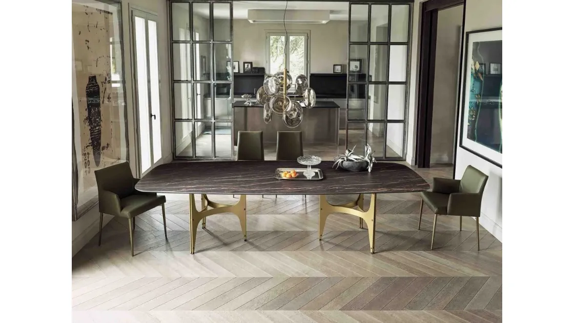 Universe XXL table with top in SuperMarble and lacquered steel base by Bontempi.