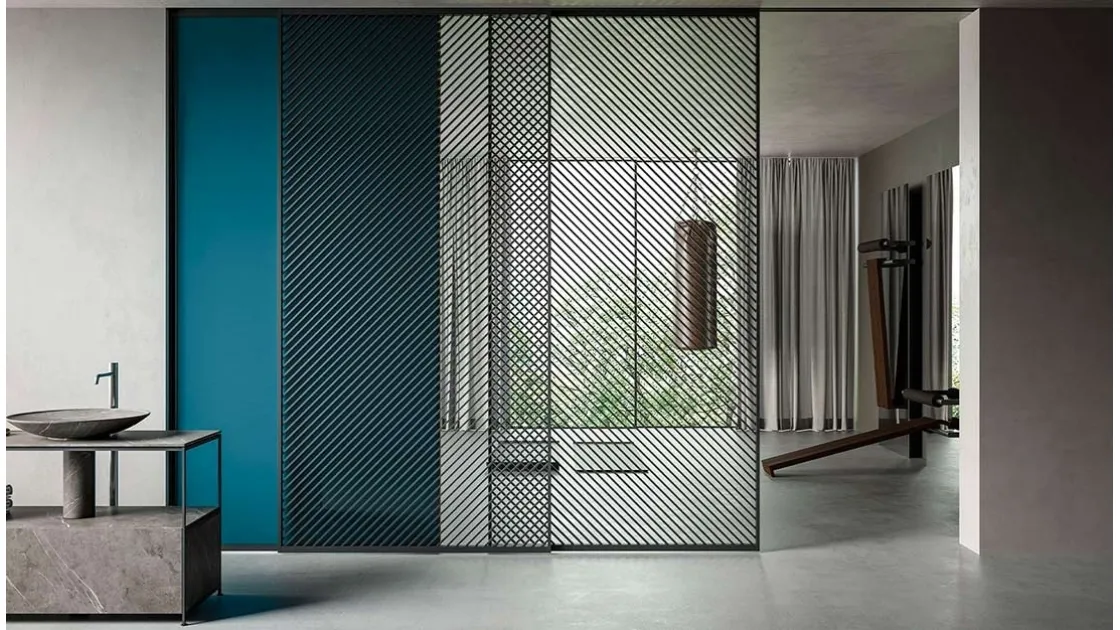 Sliding internal door in glass, fabric, and aluminum Golden Gate by ADL