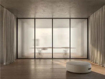 ADL's Mythical Sliding and Swiveling Glass Interior Door with Aluminum Frame.