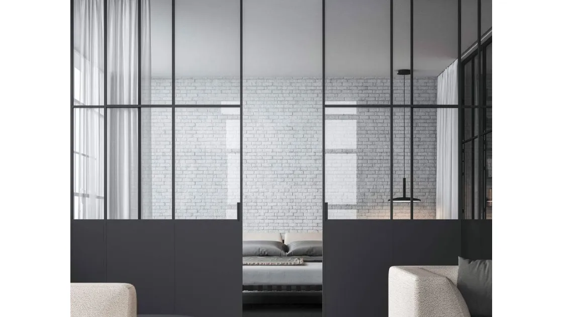Interior sliding door Officina with Drag system in aluminum and glass by ADL.