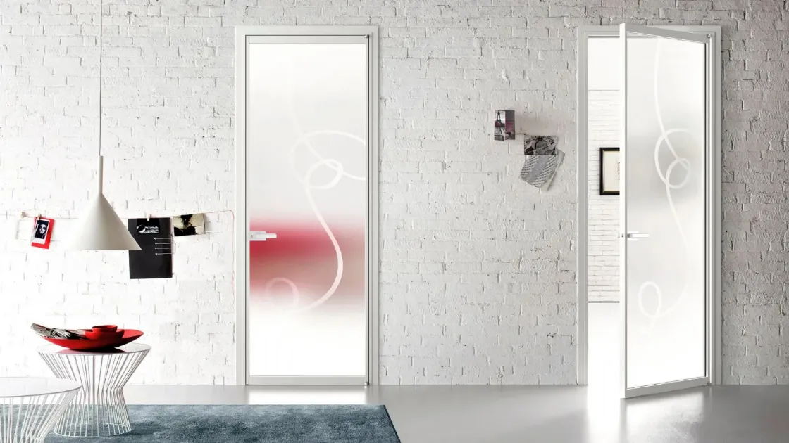 Indoor glass door with silk-screened design and aluminum frame Swing Zeus with Doal door frame
